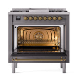ILVE Nostalgie II Noblesse 36-Inch Natural Gas Dual Fuel Range and Triple Glass Door in Matte Graphite with Brass Trim (UN36FNMPMGG)