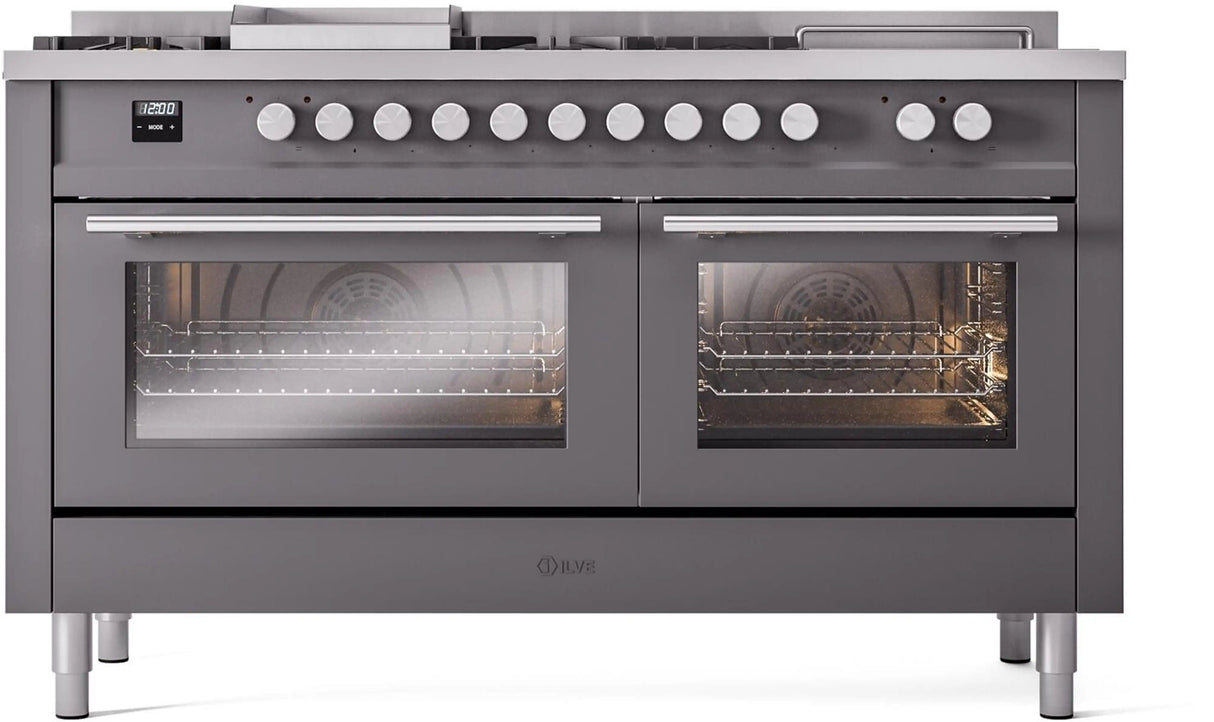 ILVE Professional Plus II 60-Inch Natural Gas Dual Fuel Range with 7 Burners, Griddle, & French Top with Triple Glass Door Oven in Matte Graphite (UP60FSWMPMG)