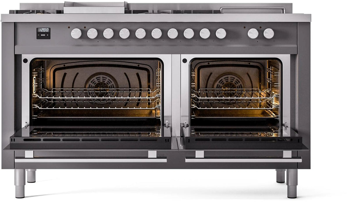 ILVE Professional Plus II 60-Inch Propane Gas Dual Fuel Range with 7 Burners, Griddle, & French Top with Triple Glass Door Oven in Matte Graphite (UP60FSWMPMGLP)