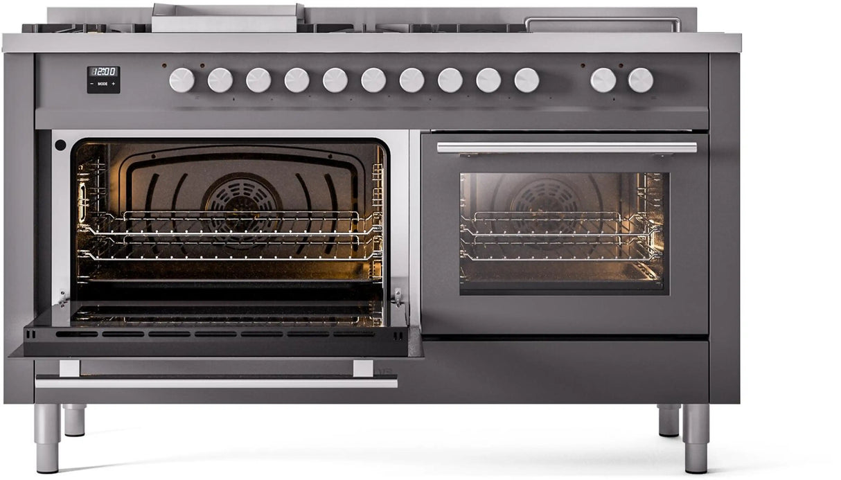 ILVE Professional Plus II 60-Inch Natural Gas Dual Fuel Range with 7 Burners, Griddle, & French Top with Triple Glass Door Oven in Matte Graphite (UP60FSWMPMG)