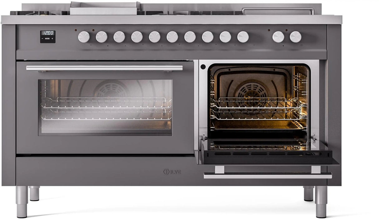 ILVE Professional Plus II 60-Inch Natural Gas Dual Fuel Range with 7 Burners, Griddle, & French Top with Triple Glass Door Oven in Matte Graphite (UP60FSWMPMG)