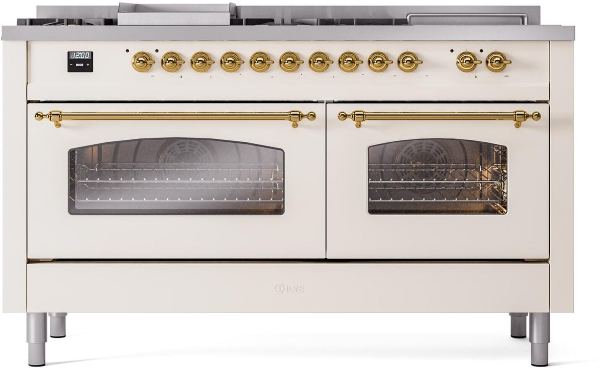 ILVE Nostalgie II 60-Inch Propane Gas Dual Fuel Range with 7 Burners, Griddle, & French Top with Triple Glass Door Oven in Antique White with Brass Trim (UP60FSNMPAWGLP)