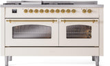 ILVE Nostalgie II 60-Inch Propane Gas Dual Fuel Range with 7 Burners, Griddle, & French Top with Triple Glass Door Oven in Antique White with Brass Trim (UP60FSNMPAWGLP)