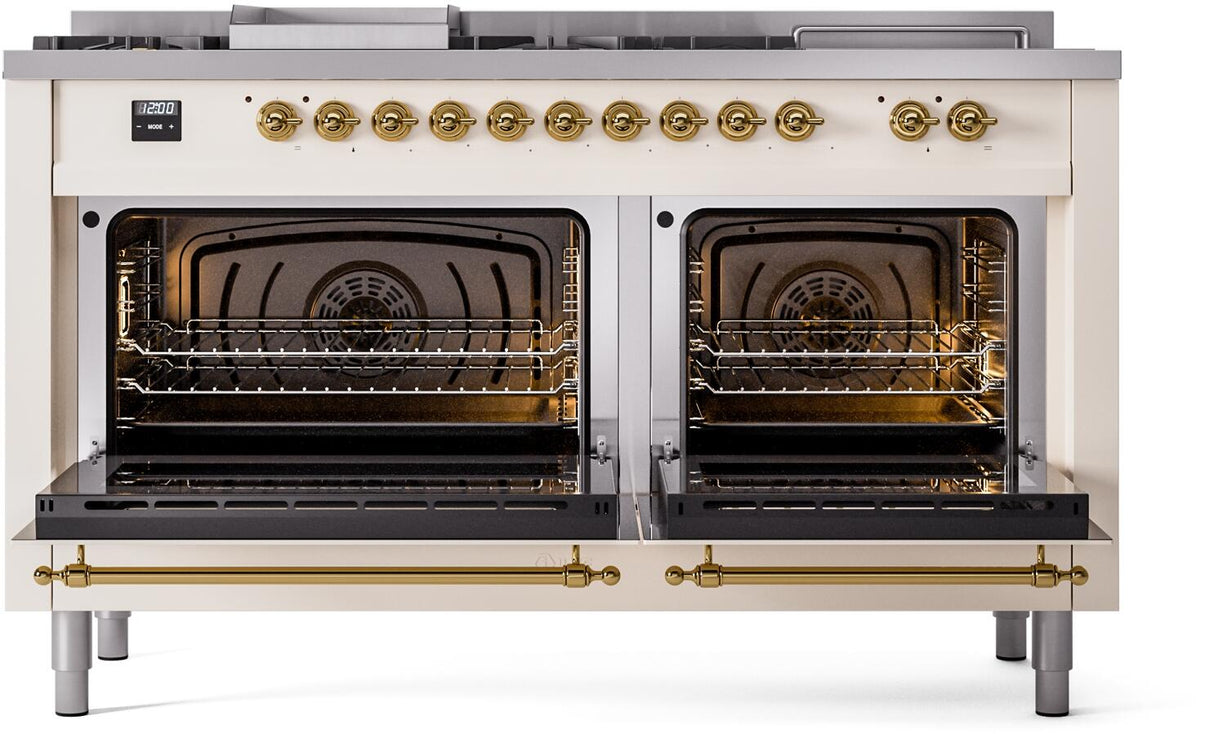 ILVE Nostalgie II 60-Inch Propane Gas Dual Fuel Range with 7 Burners, Griddle, & French Top with Triple Glass Door Oven in Antique White with Brass Trim (UP60FSNMPAWGLP)