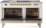ILVE Nostalgie II 60-Inch Propane Gas Dual Fuel Range with 7 Burners, Griddle, & French Top with Triple Glass Door Oven in Antique White with Brass Trim (UP60FSNMPAWGLP)