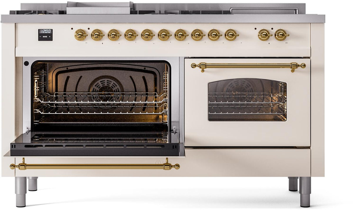ILVE Nostalgie II 60-Inch Propane Gas Dual Fuel Range with 7 Burners, Griddle, & French Top with Triple Glass Door Oven in Antique White with Brass Trim (UP60FSNMPAWGLP)
