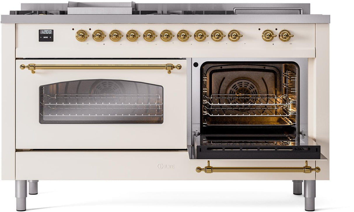ILVE Nostalgie II 60-Inch Propane Gas Dual Fuel Range with 7 Burners, Griddle, & French Top with Triple Glass Door Oven in Antique White with Brass Trim (UP60FSNMPAWGLP)