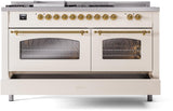 ILVE Nostalgie II 60-Inch Propane Gas Dual Fuel Range with 7 Burners, Griddle, & French Top with Triple Glass Door Oven in Antique White with Brass Trim (UP60FSNMPAWGLP)