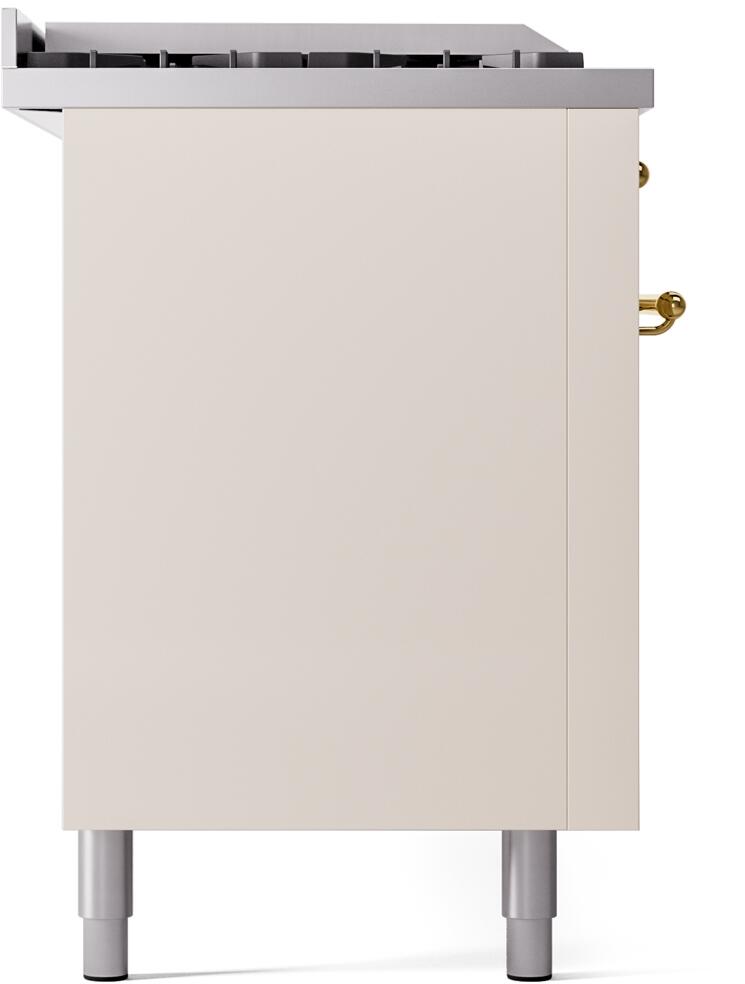 ILVE Nostalgie II 60-Inch Propane Gas Dual Fuel Range with 7 Burners, Griddle, & French Top with Triple Glass Door Oven in Antique White with Brass Trim (UP60FSNMPAWGLP)