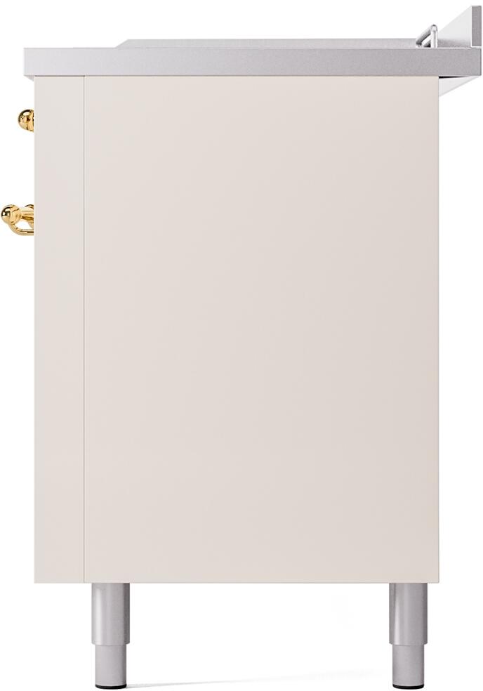 ILVE Nostalgie II 60-Inch Propane Gas Dual Fuel Range with 7 Burners, Griddle, & French Top with Triple Glass Door Oven in Antique White with Brass Trim (UP60FSNMPAWGLP)