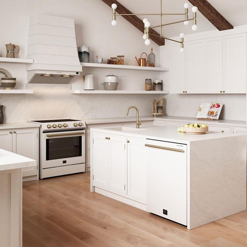 FORNO Espresso Package - 30" Induction Range, Range Hood, 36" Refrigerator with Ice Maker and Dishwasher in White with Silver Handles