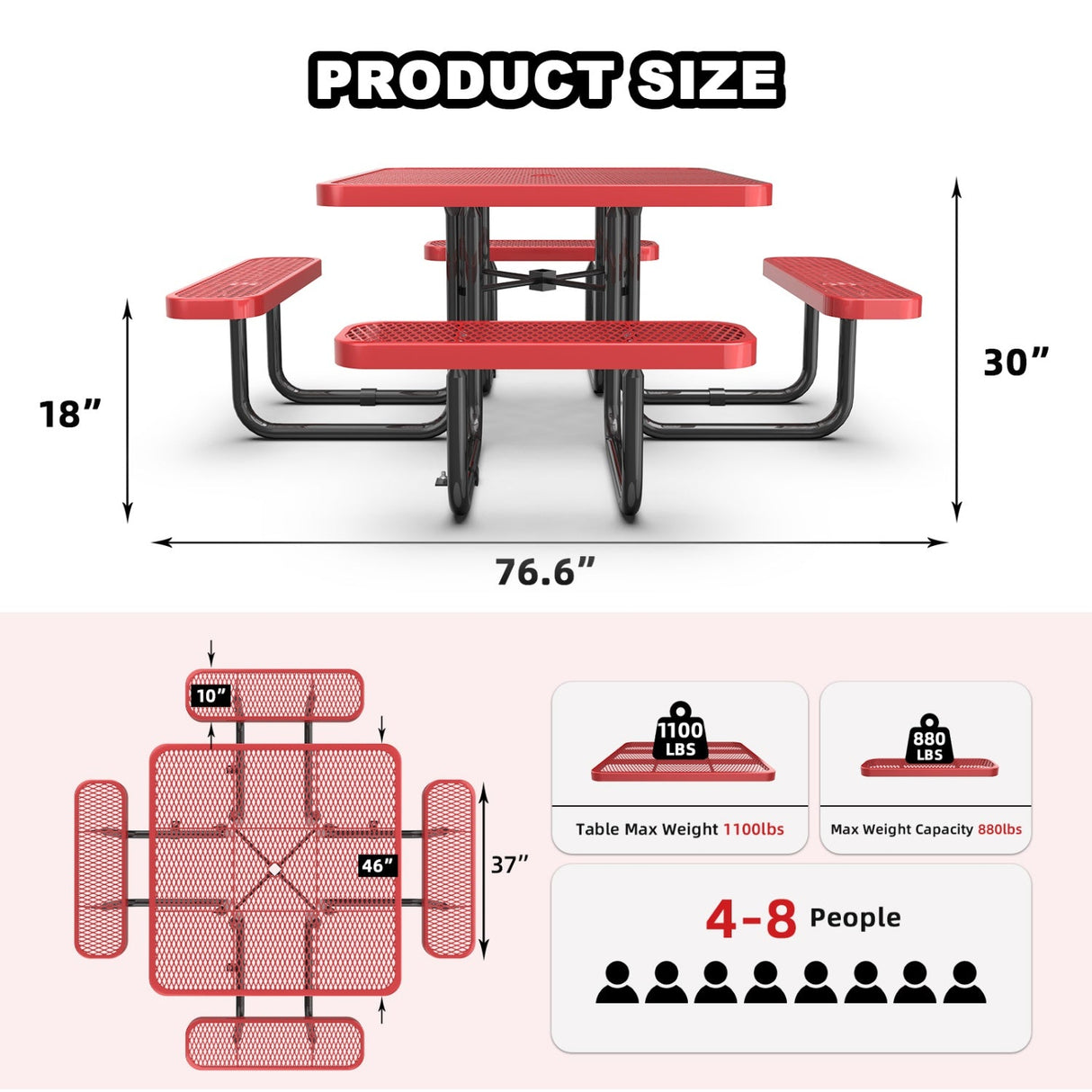 46" Square Picnic Table With Umbrella Hole