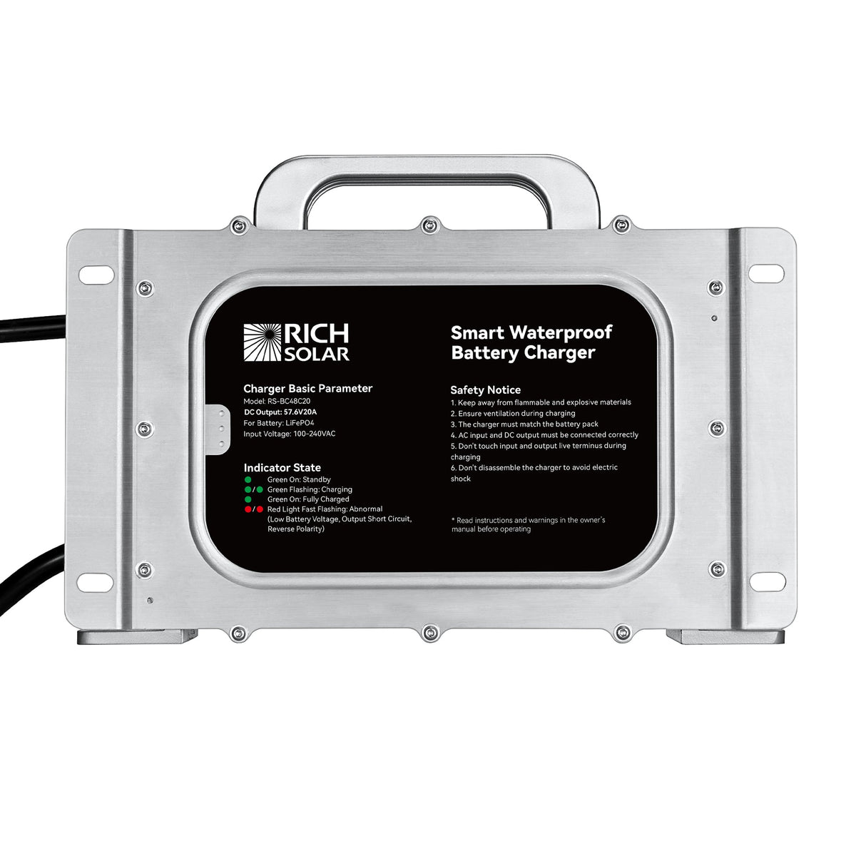 48V (57.6V) Waterproof LiFePO4 Charger | 20A / 25A,  100-240V AC, 8-in-1 Protection, Fan-Cooled