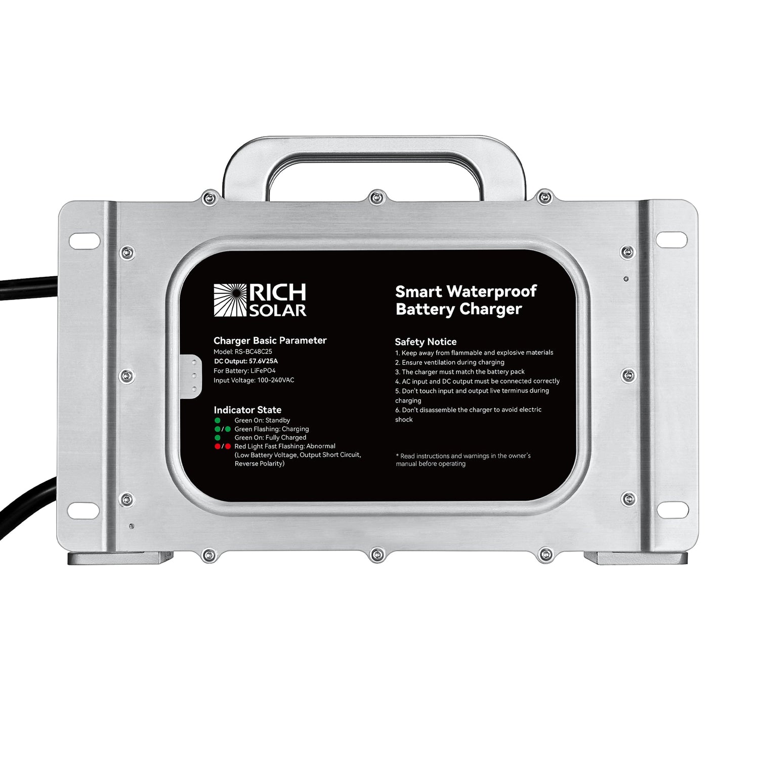 48V (57.6V) Waterproof LiFePO4 Charger | 20A / 25A,  100-240V AC, 8-in-1 Protection, Fan-Cooled