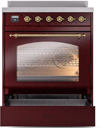 ILVE Nostalgie II 30-Inch Freestanding Electric Induction Range in Burgundy with Brass Trim (UPI304NMPBUG)