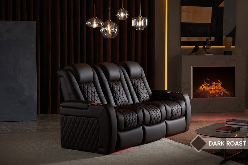 Valencia Tuscany Luxury Console Leather Home Theater Seating Row of 3 Dropdown Center, Onyx