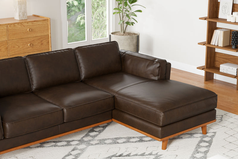 Valencia Artisan Top Grain Leather Three Seats with Right Hand Chaise Sofa, Chocolate
