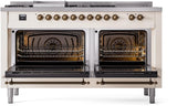 ILVE Nostalgie II 60-Inch Dual Fuel Range with 7 Burners, Griddle, & French Top with Triple Glass Door Oven in Antique White with Bronze Trim (UP60FSNMPAWB)