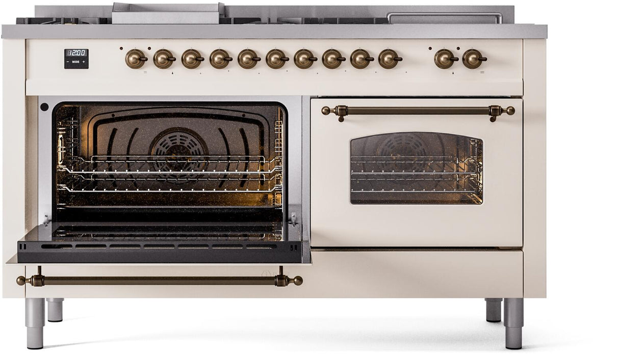 ILVE Nostalgie II 60-Inch Dual Fuel Range with 7 Burners, Griddle, & French Top with Triple Glass Door Oven in Antique White with Bronze Trim (UP60FSNMPAWB)