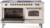 ILVE Nostalgie II 60-Inch Dual Fuel Range with 7 Burners, Griddle, & French Top with Triple Glass Door Oven in Antique White with Bronze Trim (UP60FSNMPAWB)
