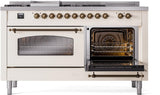 ILVE Nostalgie II 60-Inch Dual Fuel Range with 7 Burners, Griddle, & French Top with Triple Glass Door Oven in Antique White with Bronze Trim (UP60FSNMPAWB)