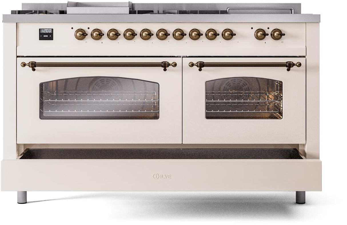 ILVE Nostalgie II 60-Inch Dual Fuel Range with 7 Burners, Griddle, & French Top with Triple Glass Door Oven in Antique White with Bronze Trim (UP60FSNMPAWB)
