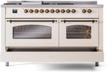 ILVE Nostalgie II 60-Inch Dual Fuel Range with 7 Burners, Griddle, & French Top with Triple Glass Door Oven in Antique White with Bronze Trim (UP60FSNMPAWB)