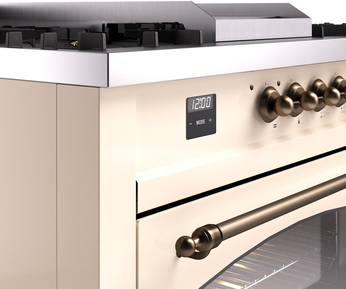 ILVE Nostalgie II 60-Inch Dual Fuel Range with 7 Burners, Griddle, & French Top with Triple Glass Door Oven in Antique White with Bronze Trim (UP60FSNMPAWB)