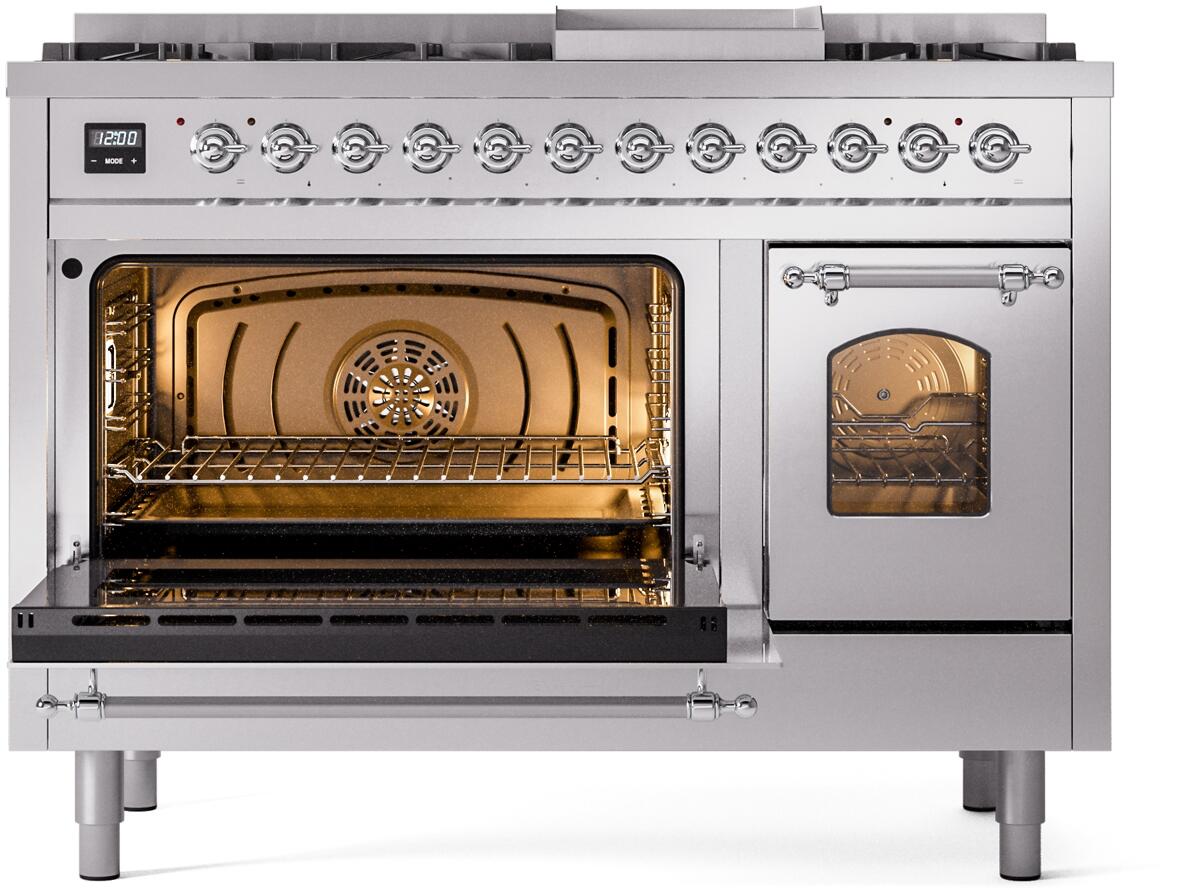 ILVE Nostalgie II 48-Inch Freestanding Natural Gas Dual Fuel Range in Stainless Steel with Chrome Trim (UP48FNMPSSC)
