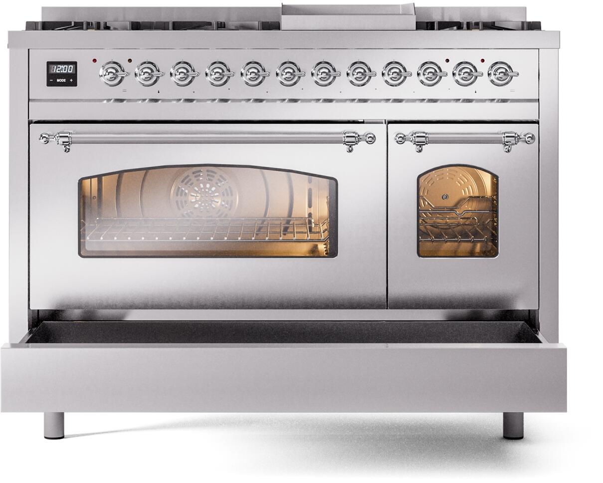 ILVE Nostalgie II 48-Inch Freestanding Natural Gas Dual Fuel Range in Stainless Steel with Chrome Trim (UP48FNMPSSC)