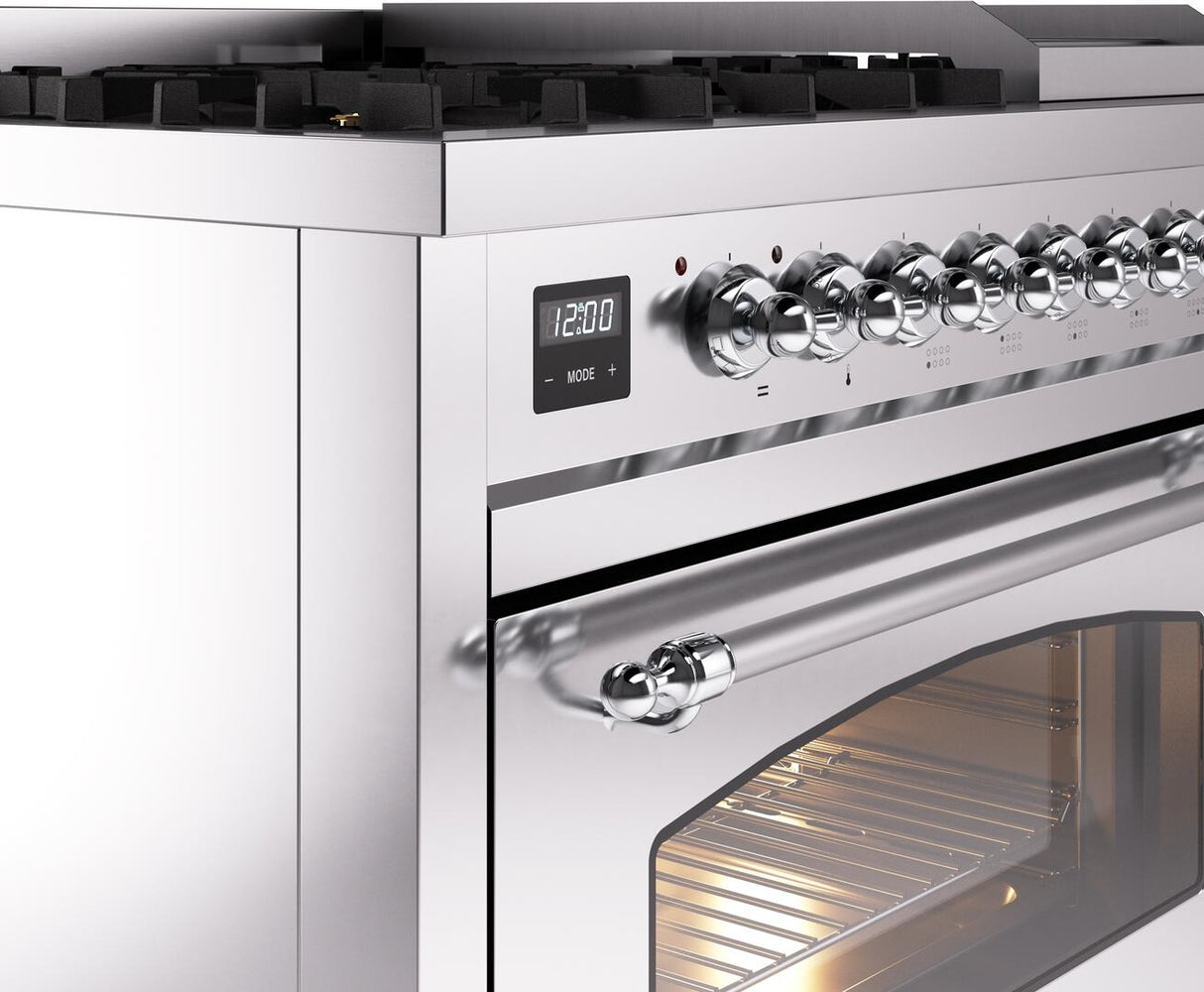 ILVE Nostalgie II 48-Inch Freestanding Natural Gas Dual Fuel Range in Stainless Steel with Chrome Trim (UP48FNMPSSC)