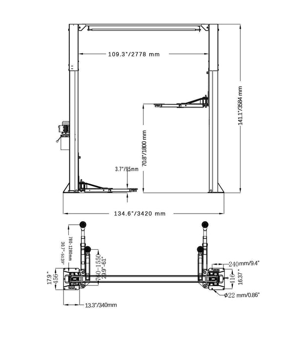 Katool Two Post Asymmetrical Vehicle Lift 11,000lbs Single Point Lock Release AS110D