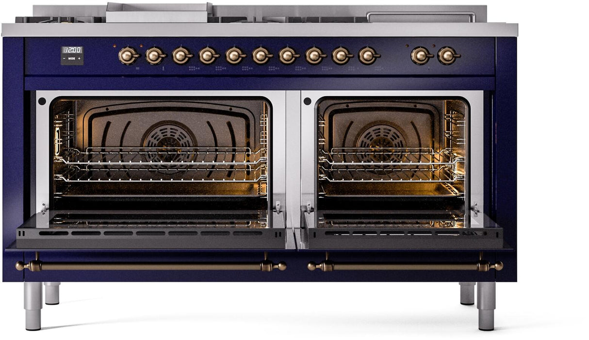 ILVE Nostalgie II 60-Inch Natural Gas Dual Fuel Range with 7 Burners, Griddle, & French Top with Triple Glass Door Oven in Midnight Blue with Bronze Trim (UP60FSNMPMBB)