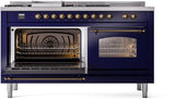 ILVE Nostalgie II 60-Inch Natural Gas Dual Fuel Range with 7 Burners, Griddle, & French Top with Triple Glass Door Oven in Midnight Blue with Bronze Trim (UP60FSNMPMBB)