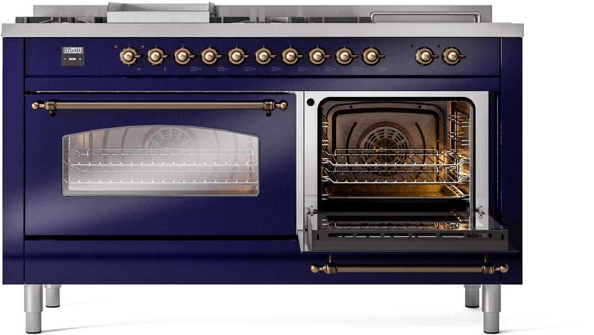 ILVE Nostalgie II 60-Inch Natural Gas Dual Fuel Range with 7 Burners, Griddle, & French Top with Triple Glass Door Oven in Midnight Blue with Bronze Trim (UP60FSNMPMBB)