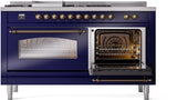 ILVE Nostalgie II 60-Inch Natural Gas Dual Fuel Range with 7 Burners, Griddle, & French Top with Triple Glass Door Oven in Midnight Blue with Bronze Trim (UP60FSNMPMBB)