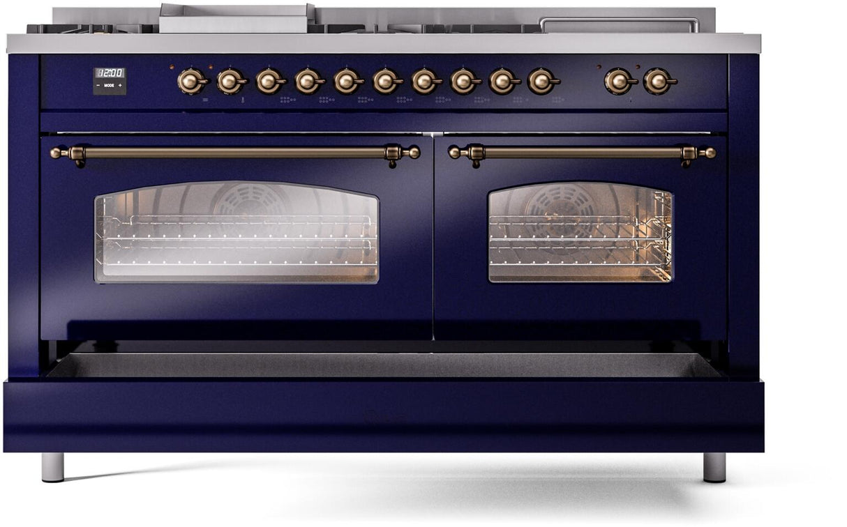 ILVE Nostalgie II 60-Inch Natural Gas Dual Fuel Range with 7 Burners, Griddle, & French Top with Triple Glass Door Oven in Midnight Blue with Bronze Trim (UP60FSNMPMBB)