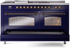 ILVE Nostalgie II 60-Inch Natural Gas Dual Fuel Range with 7 Burners, Griddle, & French Top with Triple Glass Door Oven in Midnight Blue with Bronze Trim (UP60FSNMPMBB)