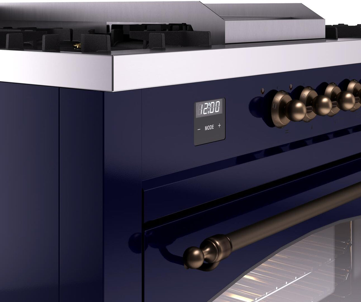ILVE Nostalgie II 60-Inch Natural Gas Dual Fuel Range with 7 Burners, Griddle, & French Top with Triple Glass Door Oven in Midnight Blue with Bronze Trim (UP60FSNMPMBB)