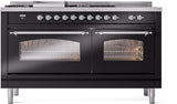 ILVE Nostalgie II 60-Inch Natural Gas Dual Fuel Range with 7 Burners, Griddle, & French Top with Triple Glass Door Oven in Glossy Black with Chrome Trim (UP60FSNMPBKC)
