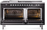 ILVE Nostalgie II 60-Inch Natural Gas Dual Fuel Range with 7 Burners, Griddle, & French Top with Triple Glass Door Oven in Glossy Black with Chrome Trim (UP60FSNMPBKC)