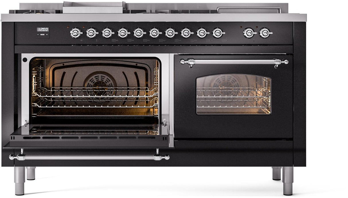 ILVE Nostalgie II 60-Inch Propane Gas Dual Fuel Range with 7 Burners, Griddle, & French Top with Triple Glass Door Oven in Glossy Black with Chrome Trim (UP60FSNMPBKCLP)