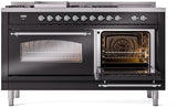 ILVE Nostalgie II 60-Inch Natural Gas Dual Fuel Range with 7 Burners, Griddle, & French Top with Triple Glass Door Oven in Glossy Black with Chrome Trim (UP60FSNMPBKC)