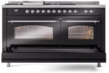 ILVE Nostalgie II 60-Inch Propane Gas Dual Fuel Range with 7 Burners, Griddle, & French Top with Triple Glass Door Oven in Glossy Black with Chrome Trim (UP60FSNMPBKCLP)