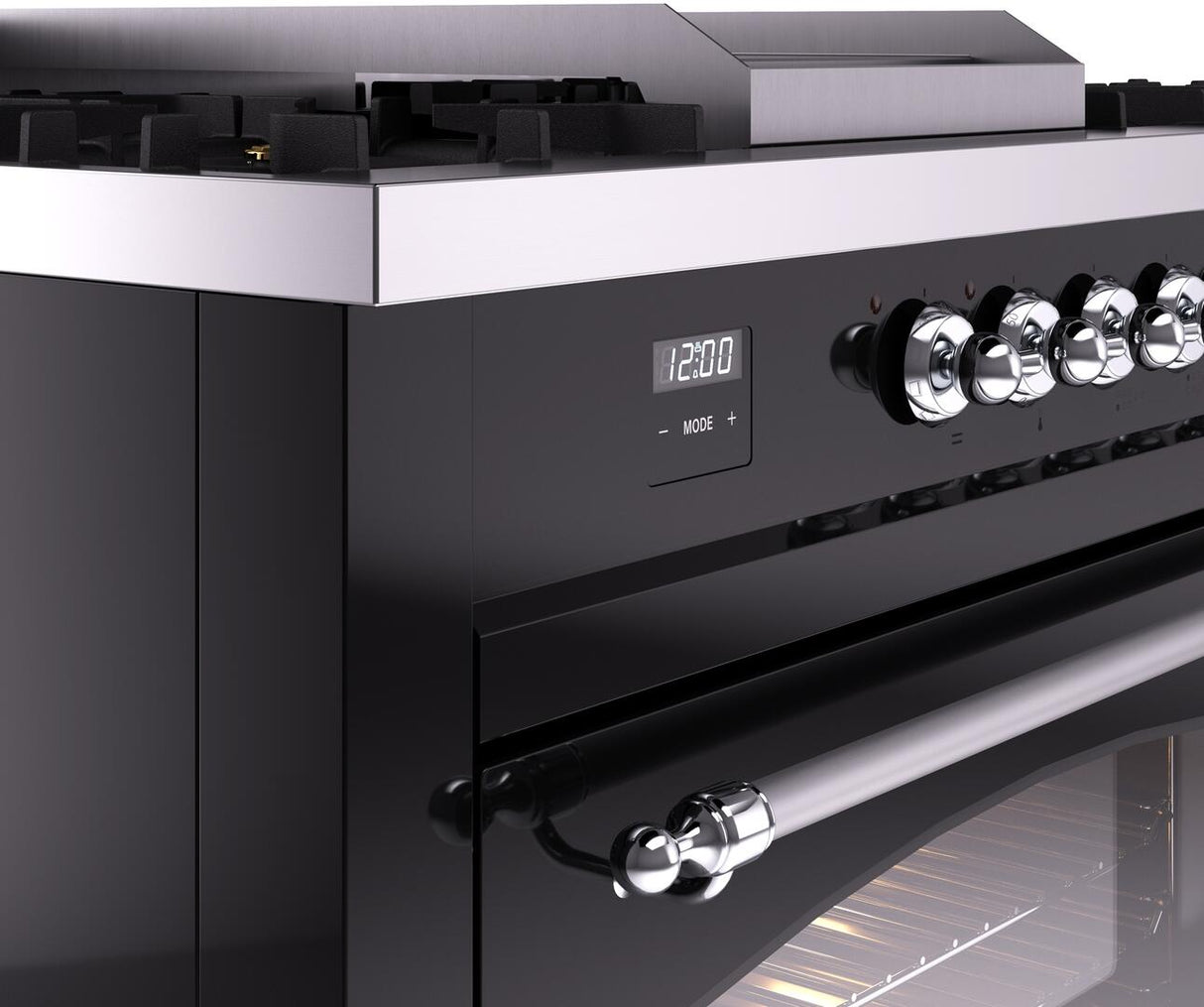 ILVE Nostalgie II 60-Inch Natural Gas Dual Fuel Range with 7 Burners, Griddle, & French Top with Triple Glass Door Oven in Glossy Black with Chrome Trim (UP60FSNMPBKC)