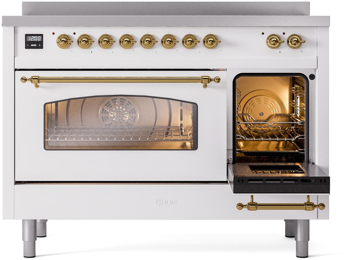 ILVE Nostalgie II 48-Inch Limited Edition Induction Range in White with Brass Trim (UPI486NMPWHG)
