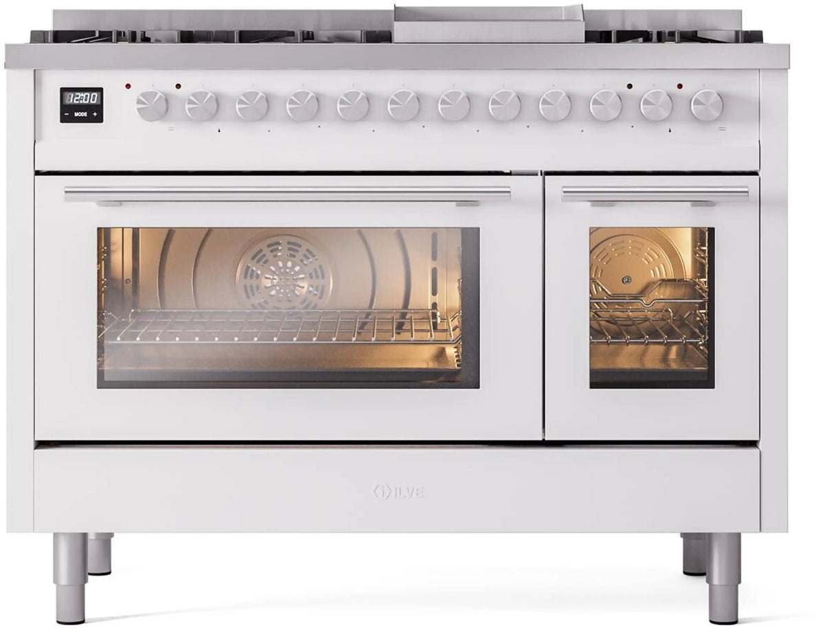 ILVE 48-Inch Professional Plus II Freestanding Natural Gas Dual Fuel Range with 8 Sealed Burner in White (UP48FWMPWH)