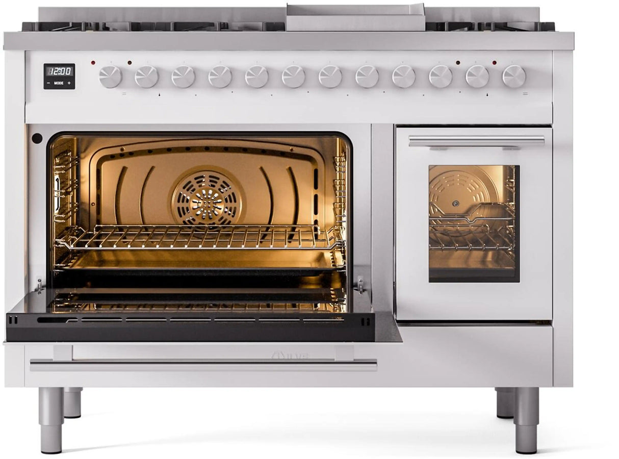 ILVE 48-Inch Professional Plus II Freestanding Natural Gas Dual Fuel Range with 8 Sealed Burner in White (UP48FWMPWH)
