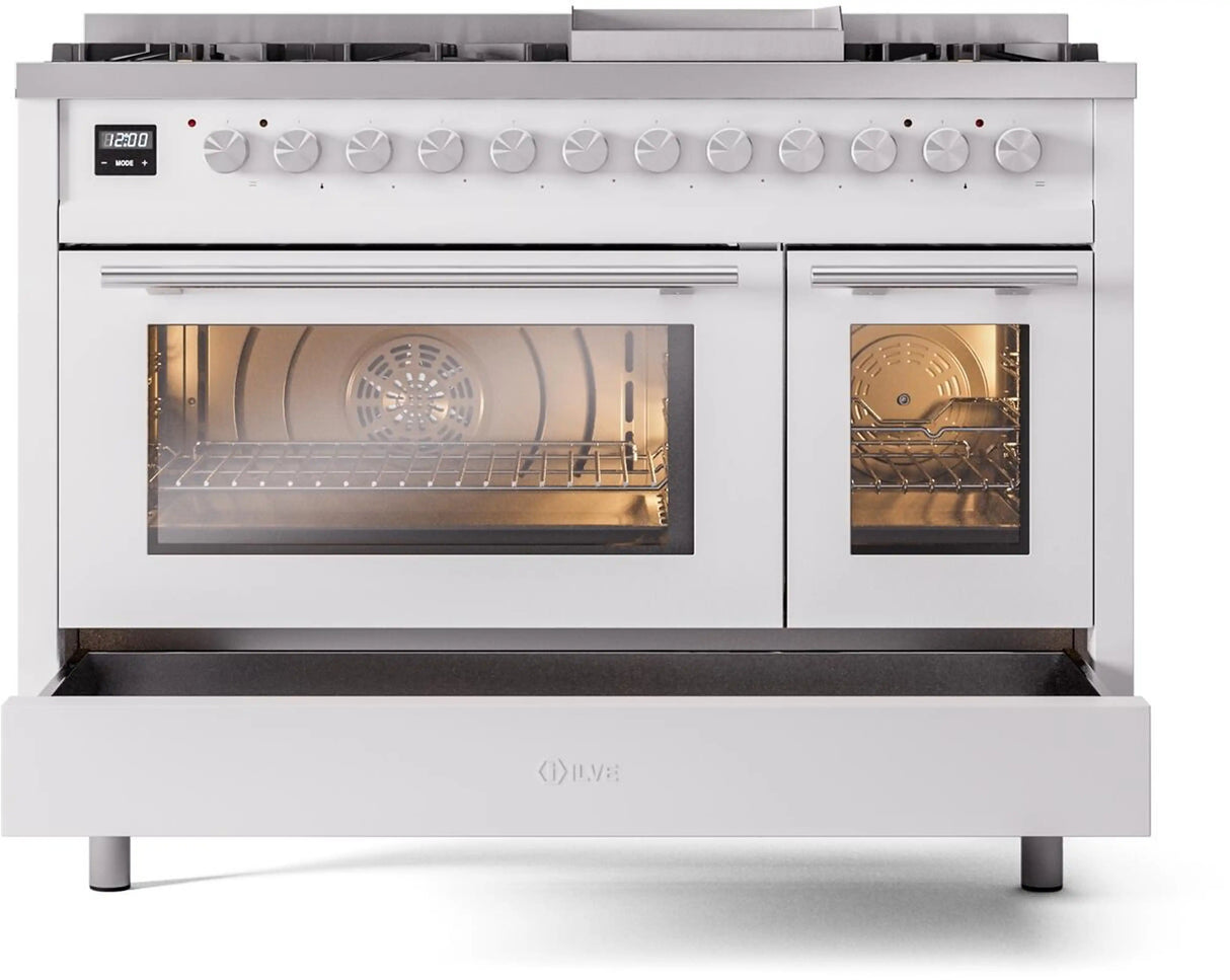 ILVE 48-Inch Professional Plus II Freestanding Natural Gas Dual Fuel Range with 8 Sealed Burner in White (UP48FWMPWH)