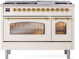 ILVE Nostalgie II 48-Inch Freestanding Natural Gas Dual Fuel Range in Antique White with Brass Trim (UP48FNMPAWG)
